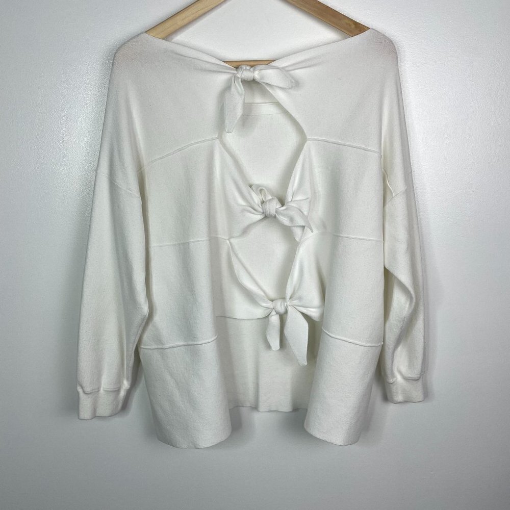 Alice + Olivia Open Tie Back Bow Drop Shoulder Sweater White